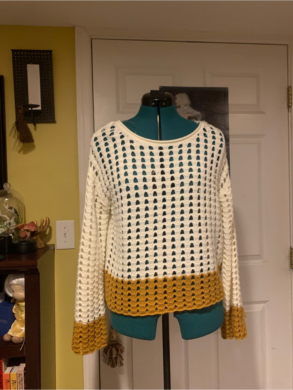 SO Cream Open-Knit Sweater with Mustard Trim